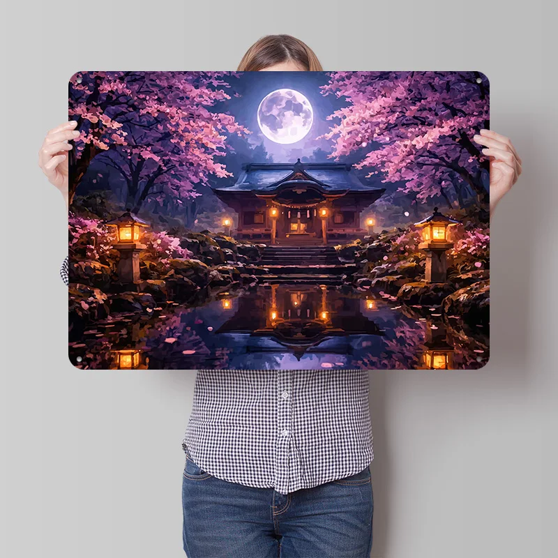 Enchanting Japanese Shrine At Night Poster Retro 3D Printed Metal Signs Customized Wall Hanging Gift for Decor Room Wand Deko