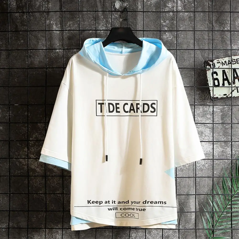 Camiseta con capucha para hombre, Jersey holgado de manga 3/4 con cordón, estampado de letras, ropa de calle de verano