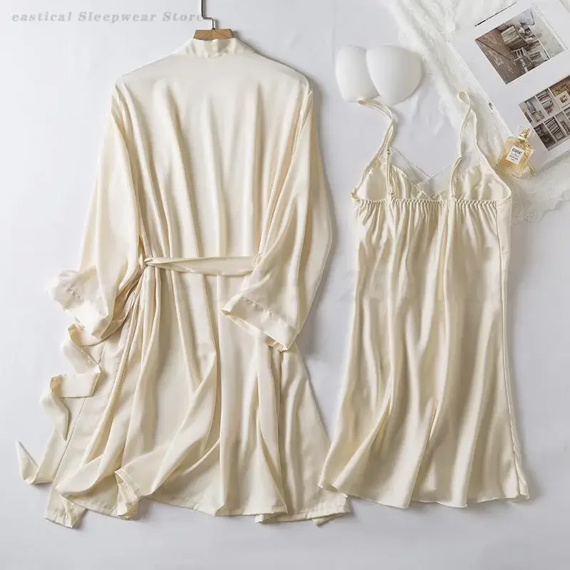 Pink Robe Nightgown Set Bride Wedding Sleepwear Sexy Kimono Bathrobe Gown Lace Chemise Nightdress Lingerie Rayon Homewear 6