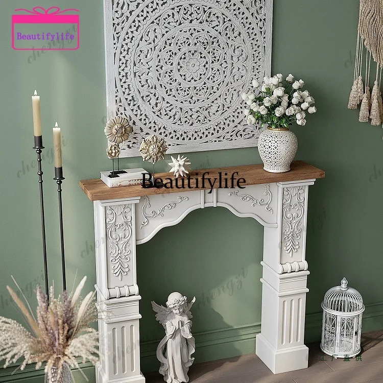 a55 European solid wood fireplace decorative cabinet relief retro arched French fake fireplace decoration living room small fire