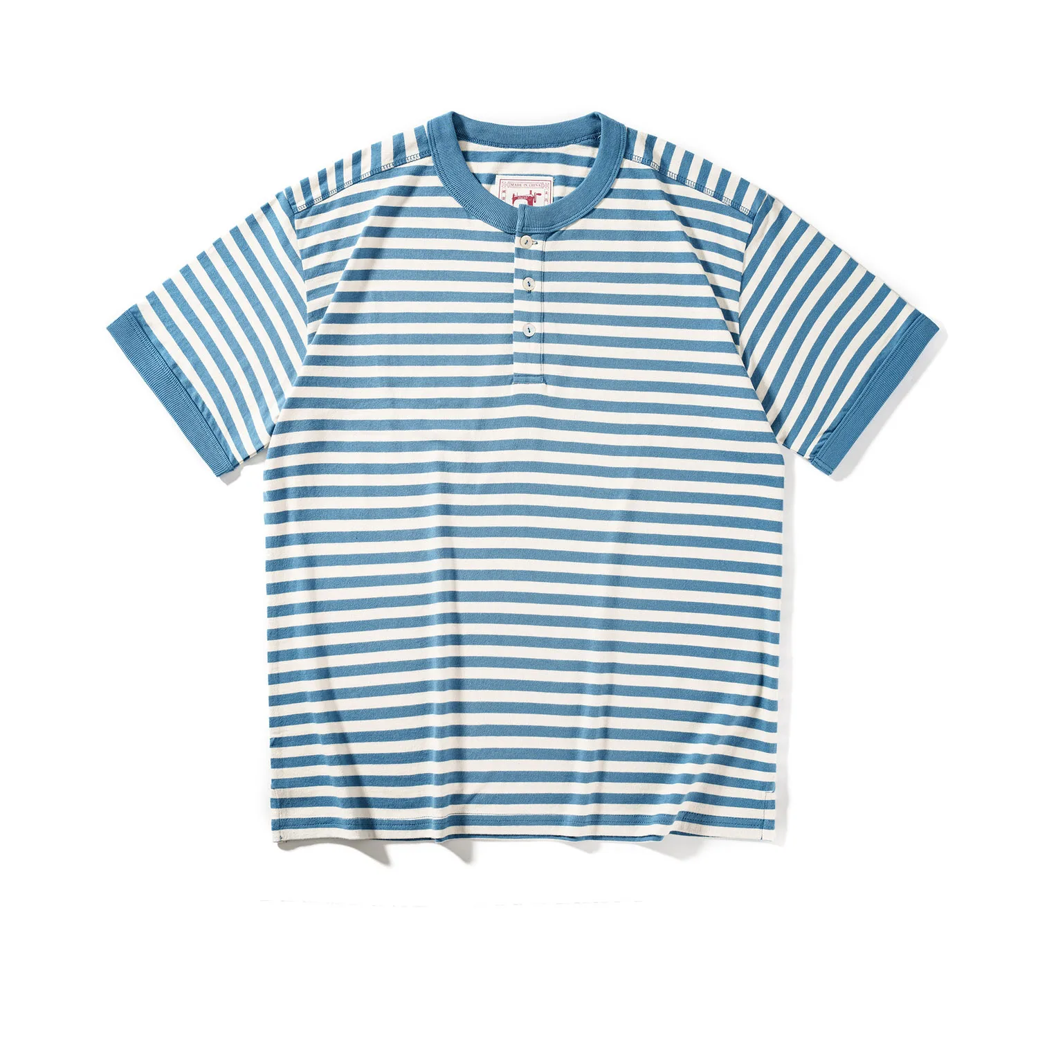 Classic American retro men's T-shirt fashionable Henry collar striped short sleeved T-shirt, all cotton washed T-shirt loose fit