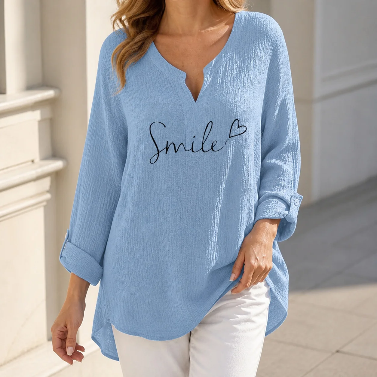Women's Boho Printed V Neck Loose Fit Linen Cotton Blouse Pullover Mid Length Button Placket Streetwear T-shirt Women's Shirt