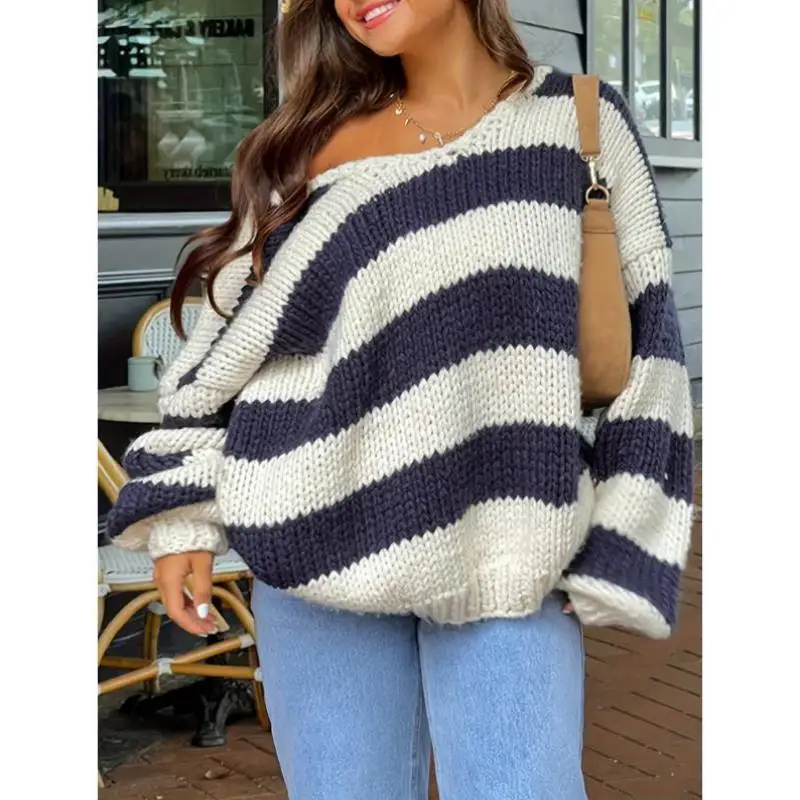 

Women's Autumn Striped Knit Sweater oulder Drop Design Long Cross-Border Faion Ci Walk Collar Nine Sve Length
