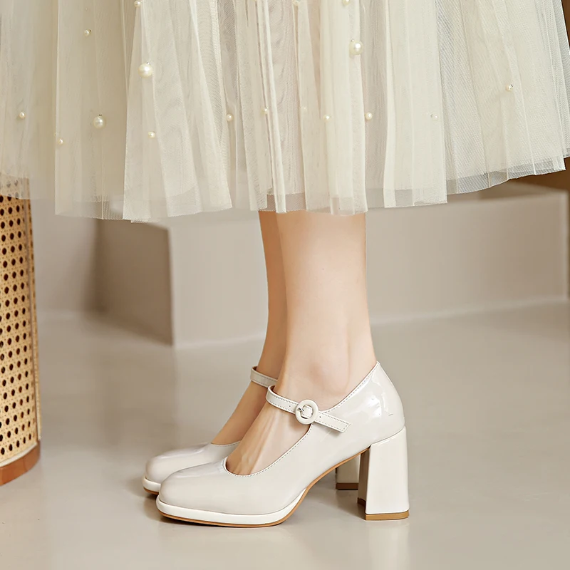 2024 New Fashion Women Shoes High Heels Mary Janes Patent Leather Thick Heel Pumps Buckle Round Toe Female Footwear Comfort 40