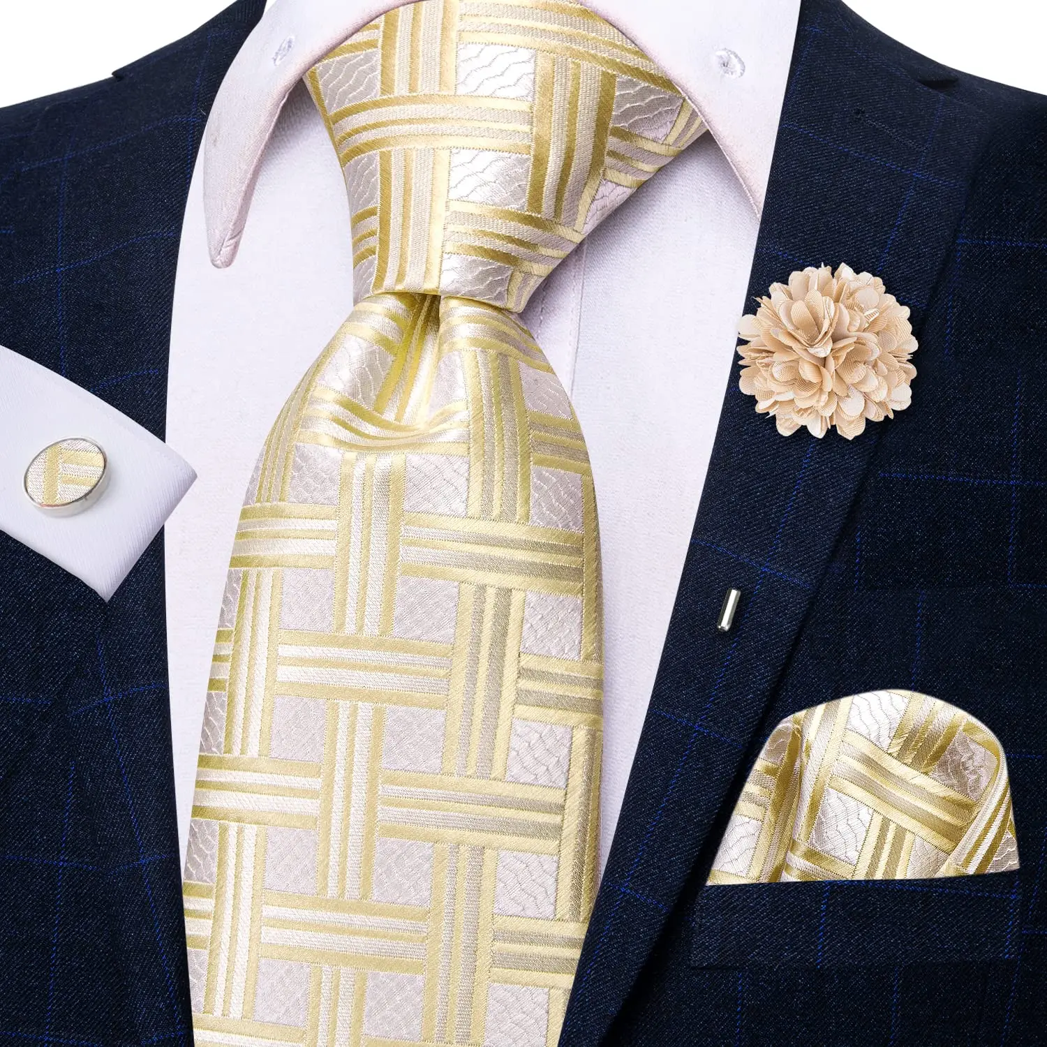 

Champagne Plaid Silk Business Tie Hi-Tie 2023 New Designer Mens Necktie Luxury 8.5cm Hanky Cufflink Brooch Wedding Tie For Men