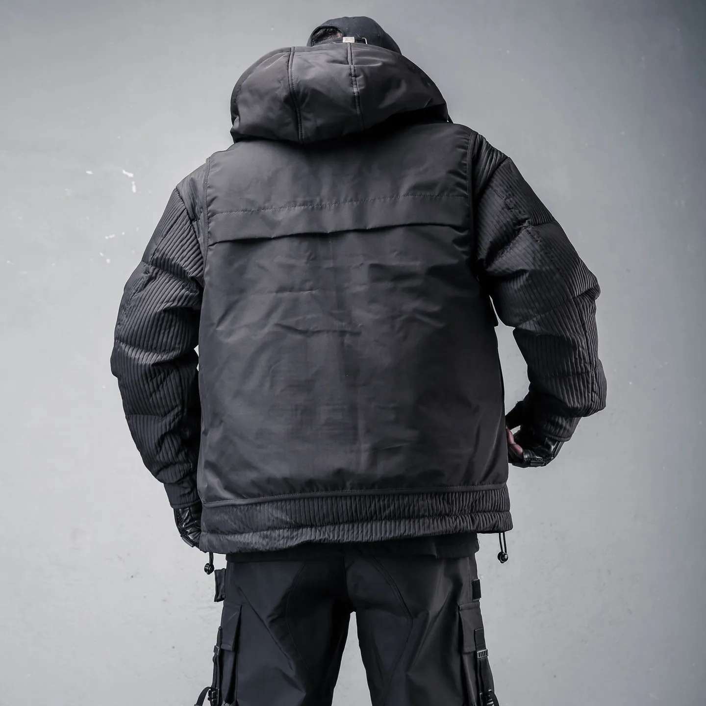 Dark Techwear Style Fake Two-Piece Design Hooded Down Jacket Men's Winter 90 White Duck Down Tactical Tooling Warm Jacket