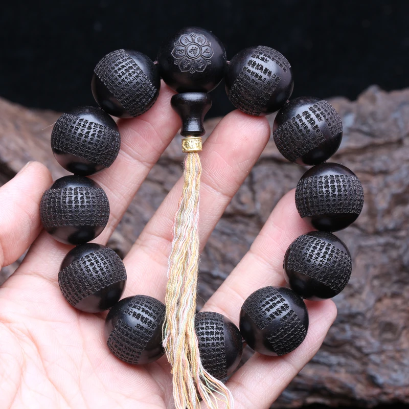 Echte natürliche schwarze Holzperlen aus tibetischem Ebenholz, 20 mm mm, Gebetsmühle, Armband für Herren, klassisch – Detail 2