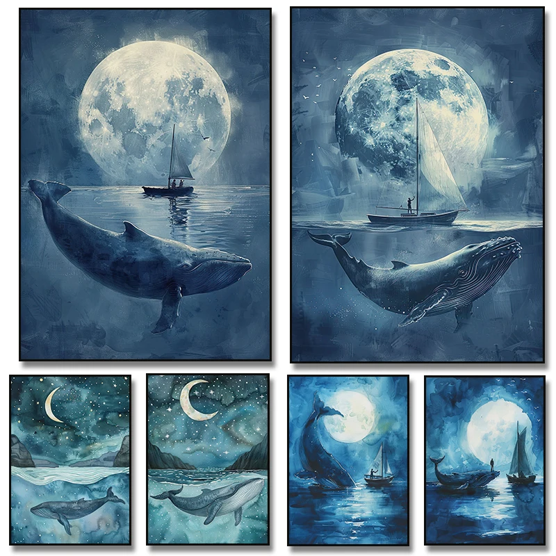 1 Stück rahmenloses Leinwandbild mit blauem Wal, Mond, Stern, Segelboot, Meer, Ozean, Wandkunst, Poster und Druckbild für Kinderzimmer, Kinderzimmerdekoration