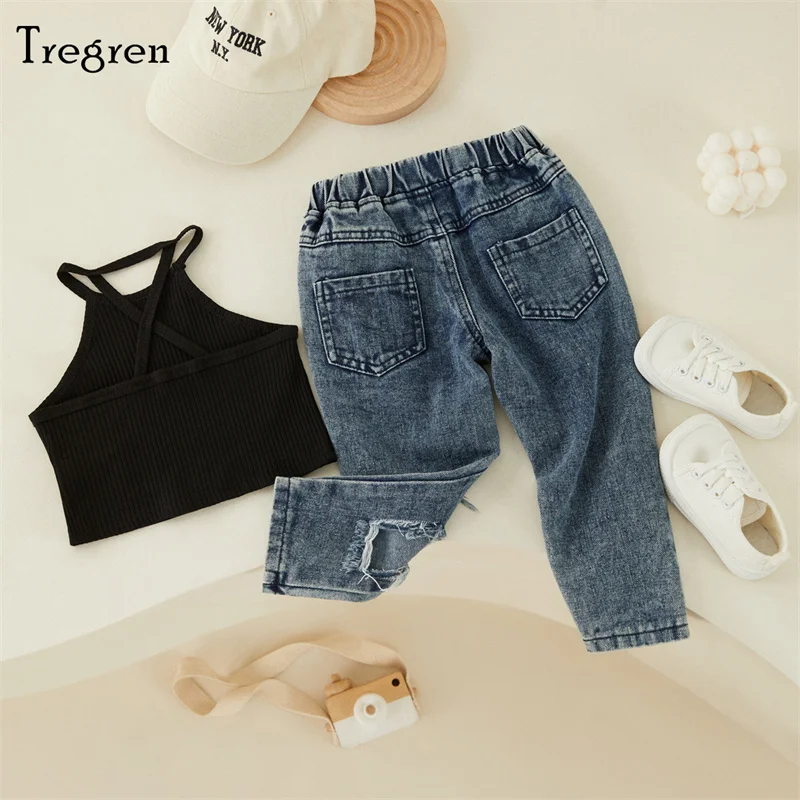 Tregren Girls Summer Outfits Fashion Kids Off-Shoulder Sleeveless Tank Tops + Ripped Jeans with Pockets Clothing For 18M-6Yrs