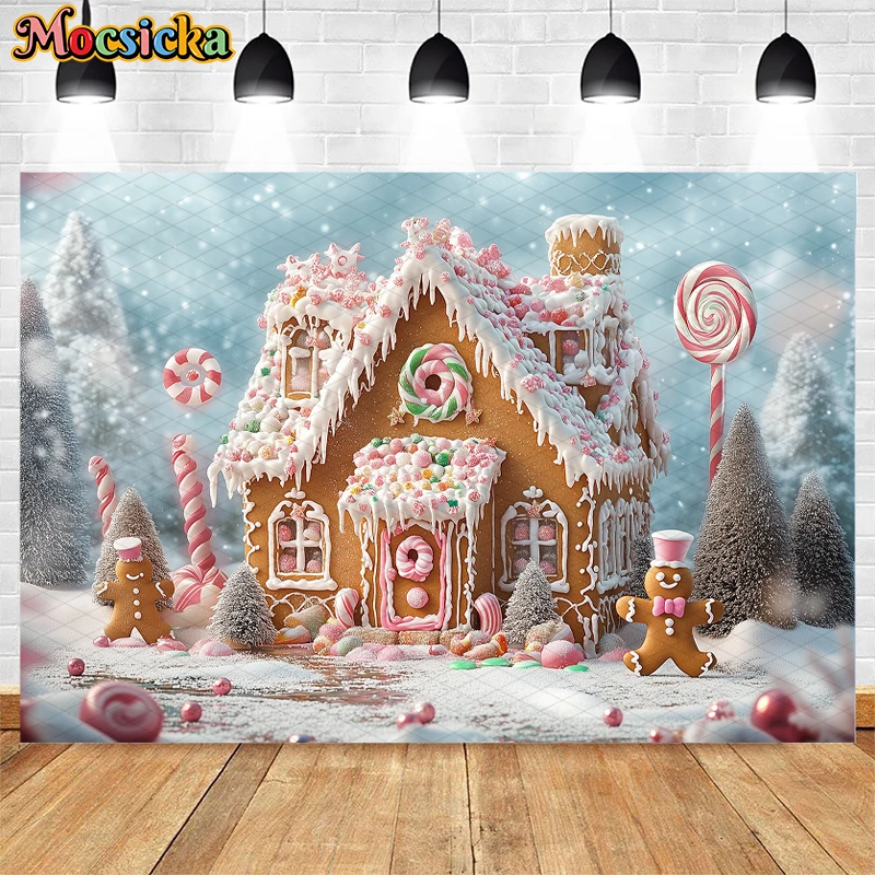 Christmas Gingerbread House Backdrop Photography Winter Xmas Tree Candy Decor Cake Smash Kids Portrait Photo Background Studio