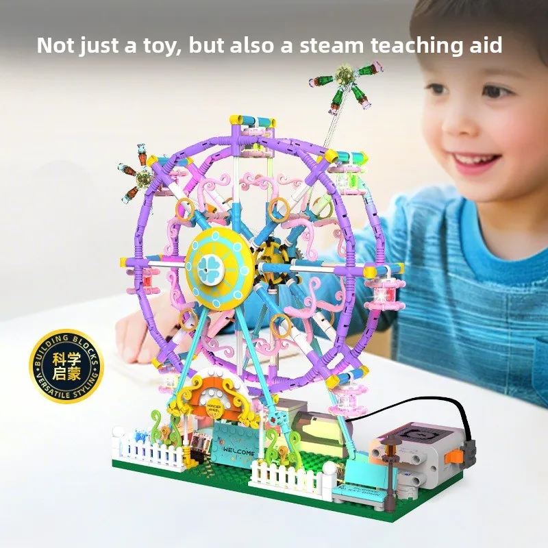 360 Degree Bidirectional Rotation DIY Model Puzzle Assembly Building Block Kit Amusement Park Ferris Wheel Building Block Toy