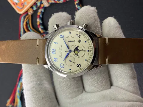 빈티지 다기능 자동 기계식 시계 38MM 아이보리 옐로우 다이얼 미네랄 버블 미러 앤티크 스타일 소형