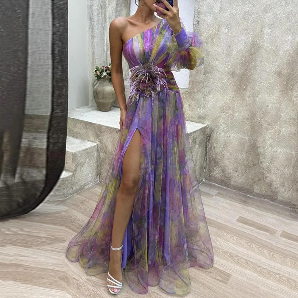 

Women Dress One Shoulder Bubble Sleeve Evening Gown Tie-dye Flower Print Rose Decor Mesh Floor Length Split Hem Prom Dress