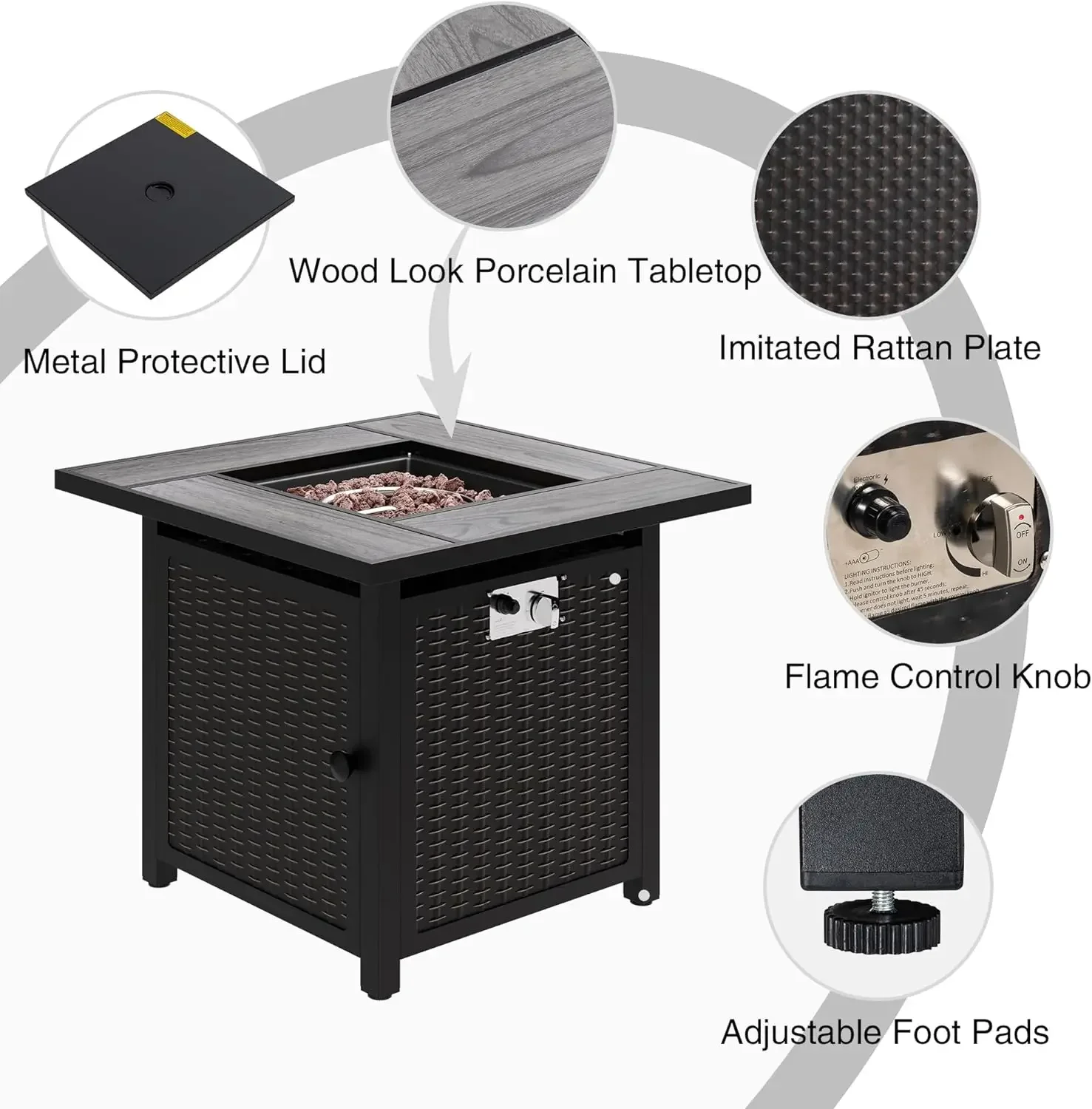 Tavolo da fuoco, tavolo da esterno Firepit con copertura antipioggia e pietra vulcanica, focolare a propano 50000 BTU tavolo da fuoco 3 in 1 per Patio