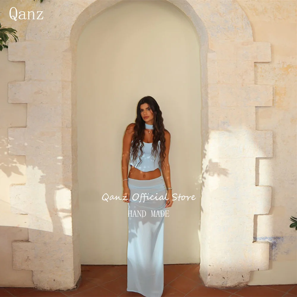 

Qanz Sky Blue Ribbons Evening Dresses 2-piece Set Mermaid Sexy Prom Dress Chiffon illusion Vestidos Para Mujer Customized