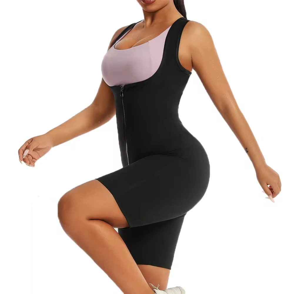 Women Sauna Sweat Bodysuit One Piece Zipper Jumpsuit Shapewear Waist Trainer Compression Slimming Tummy Body Shaper Shorts