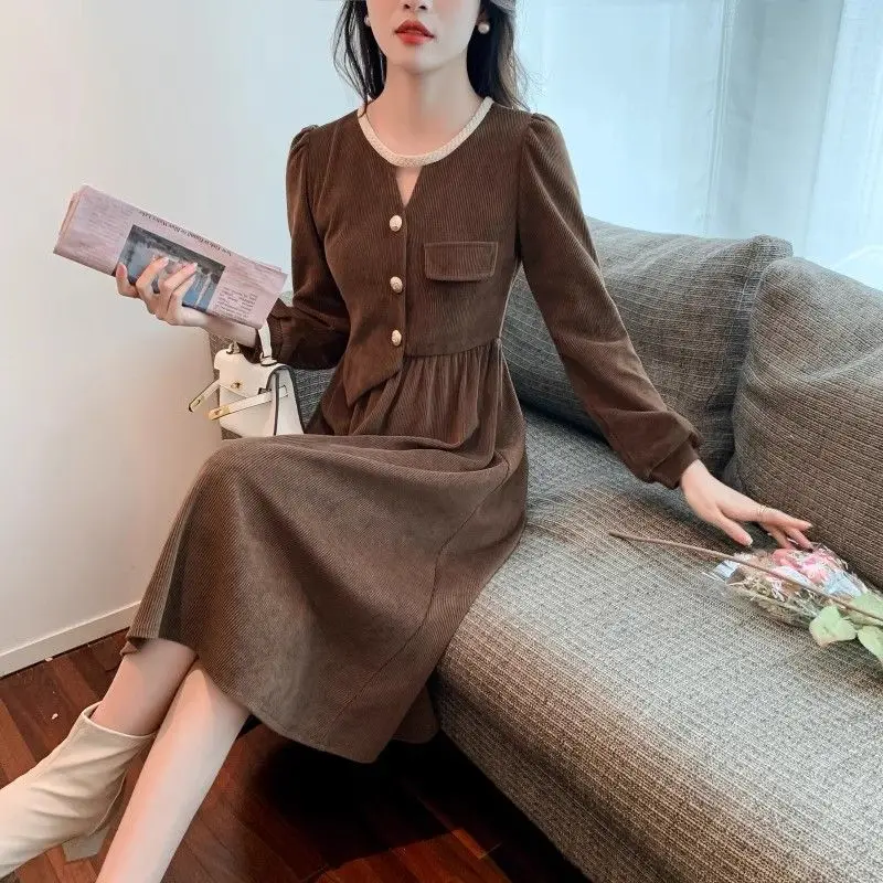 French Style Vintage Round Neck Dresses Female Clothing Fashion Asymmetrical Spring Autumn Elegant A-Line Long Sleeve Midi Dress