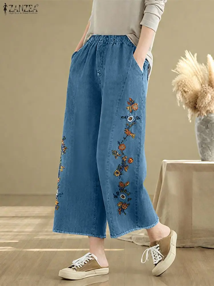 

ZANZEA 2022, женские широкие брюки с цветочной вышивкой, осенние модные длинные брюки, винтажные брюки с эластичной резинкой на талии и карманами, Femme
