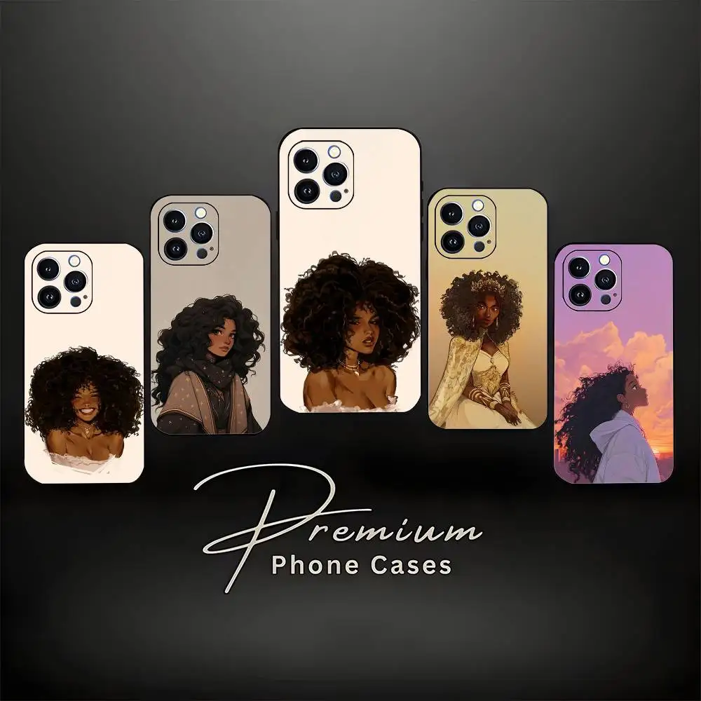 Чехол для телефона с милым мультяшным рисунком афро-черной девушки для iPhone 17,16,15,14,13,12,11, Pro Max, XS, XR, SE, Mini, 8,7, мягкий силиконовый черный чехол