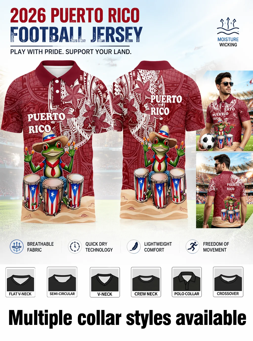 Stylish tribal‑floral Puerto Rico polo top, six interchangeable collar choices, vivid cartoon frog graphic design