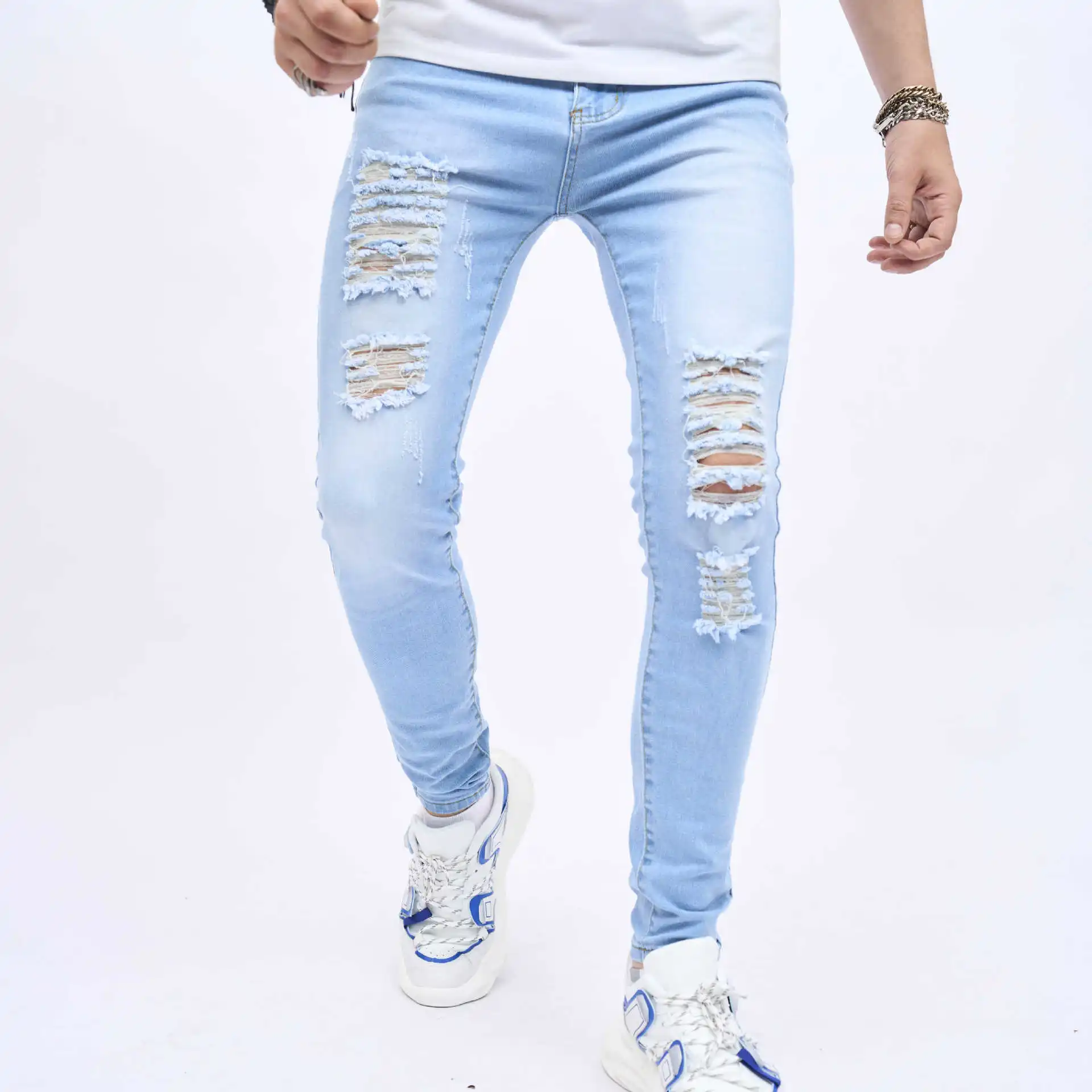 

Men Hole Slim Jeans Cotton Stretchy Ripped Skinny Men's Denim Pants High Quality Brand Hip Hop Street Oversize Male Jeans Blue