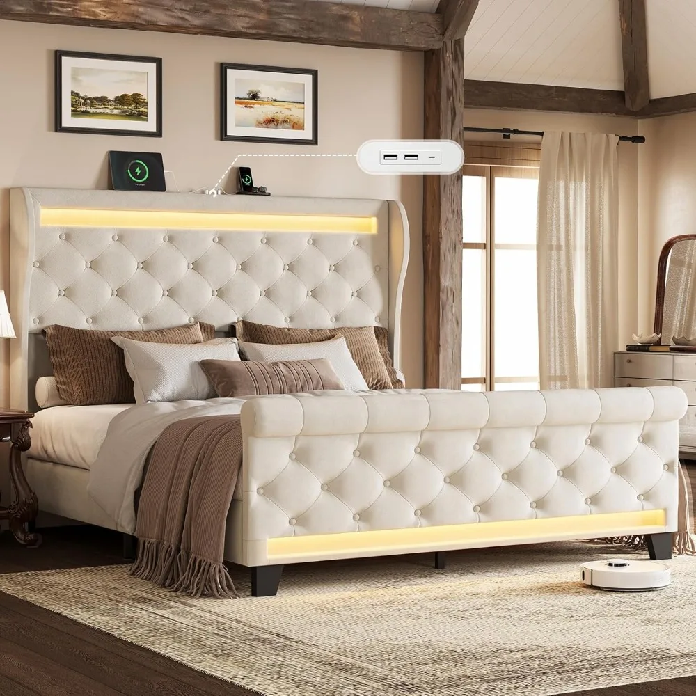 Cadre de lit queen size avec tête de lit, lit plateforme en velours rembourré avec tête de lit haute