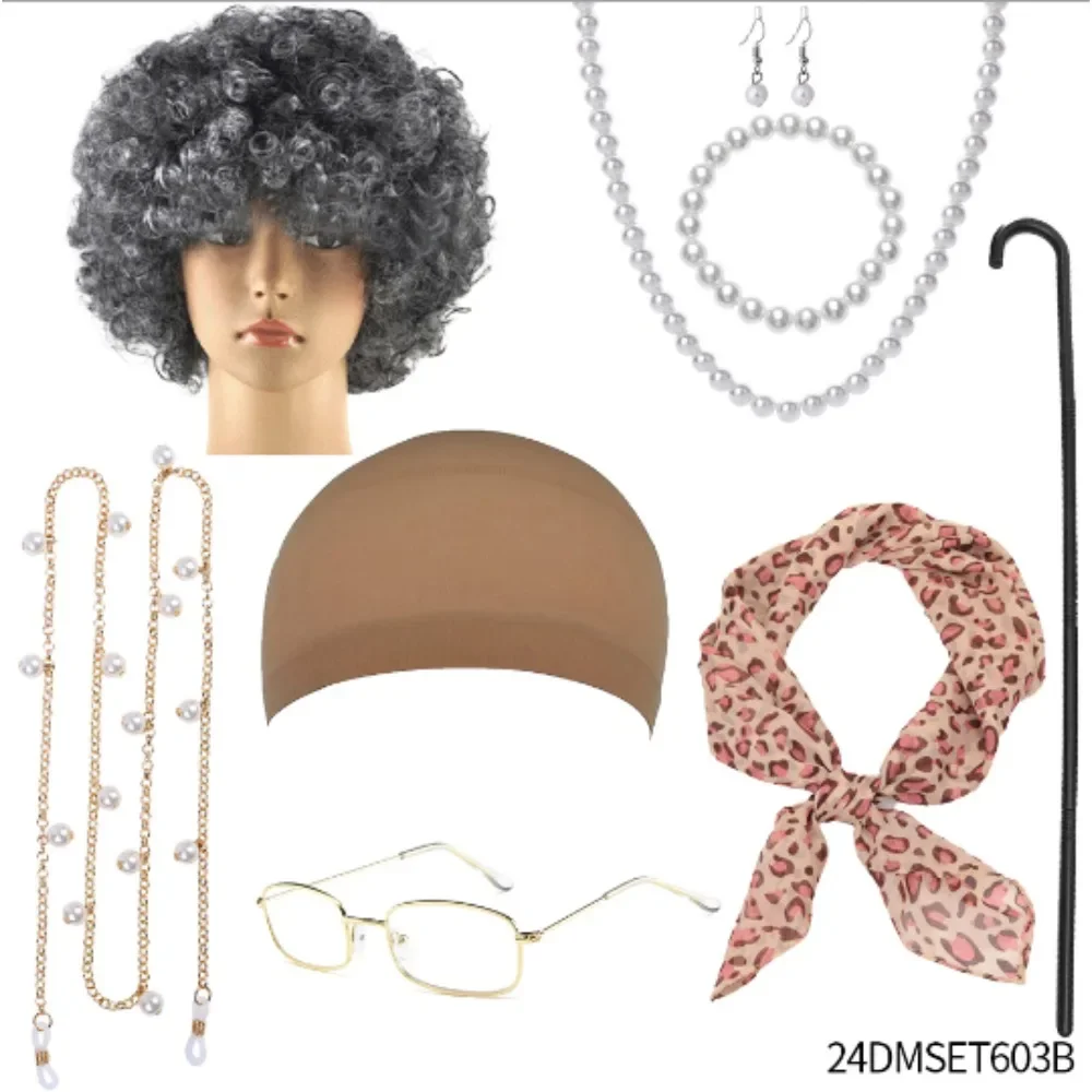 

Grandma dresses up with wigs, glasses, scarves, canes, glasses chains, necklaces, lace mesh hats, and other party accessories