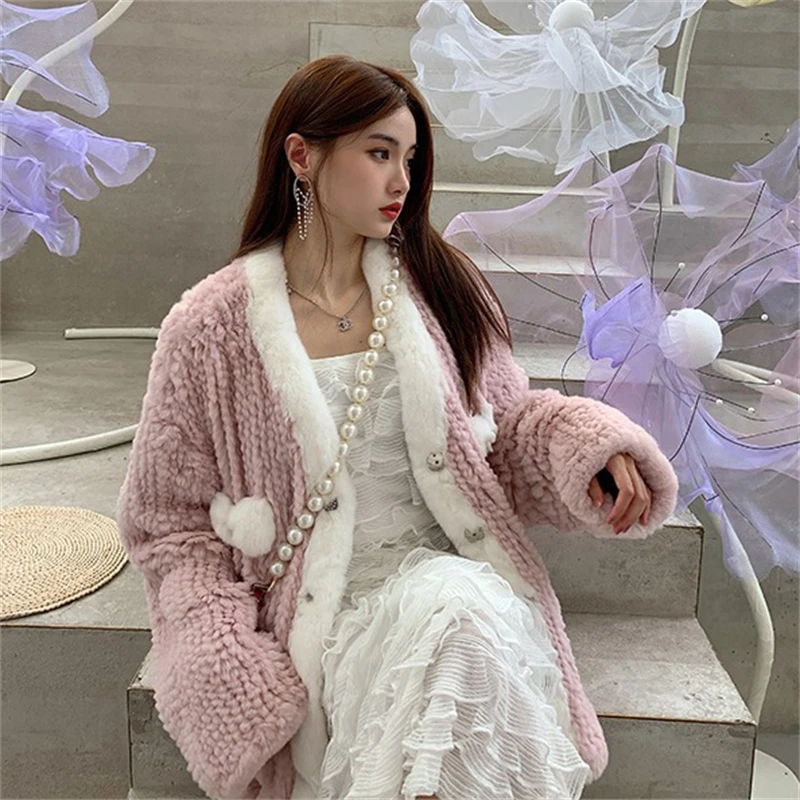 Trendy Women's V-neck Fur Coat Imported Rex Rabbit Fur Weave Coat Cute Style Bow Decorated Winter Warm Plush Jacket