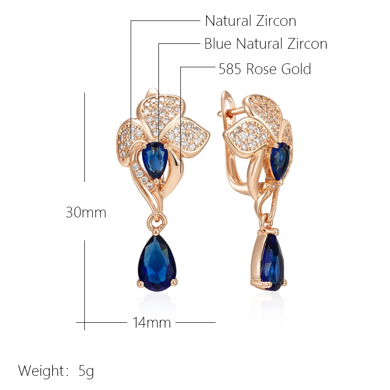 Kinel Luxury Blue Natural Zircon Vintage Flower Long Dangle Earrings For Women 585 Rose Gold Color Ethnic Wedding Fine Jewelry