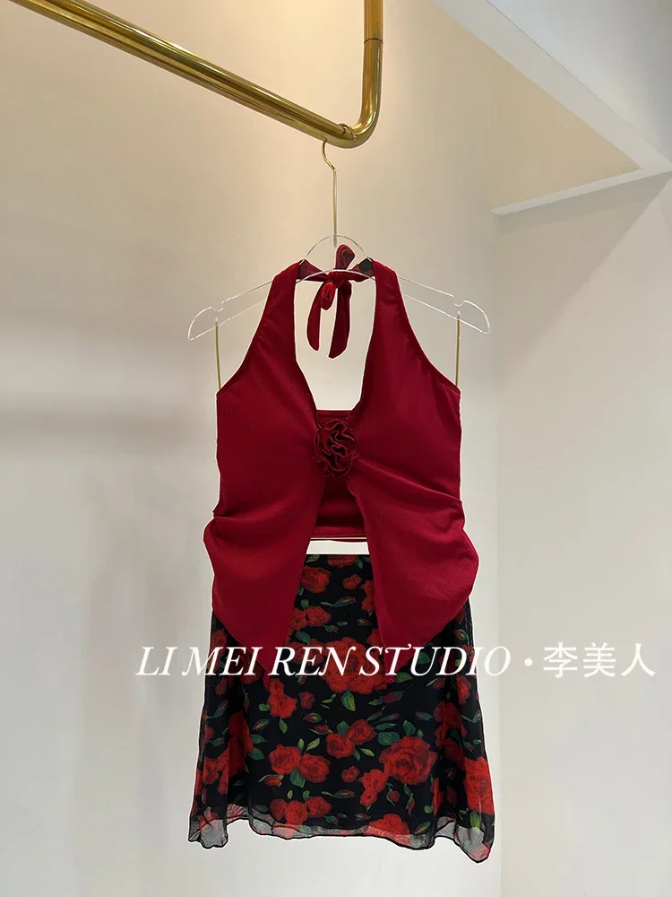 New sexy hot girl red flower camisole vest skirt style split swimsuit