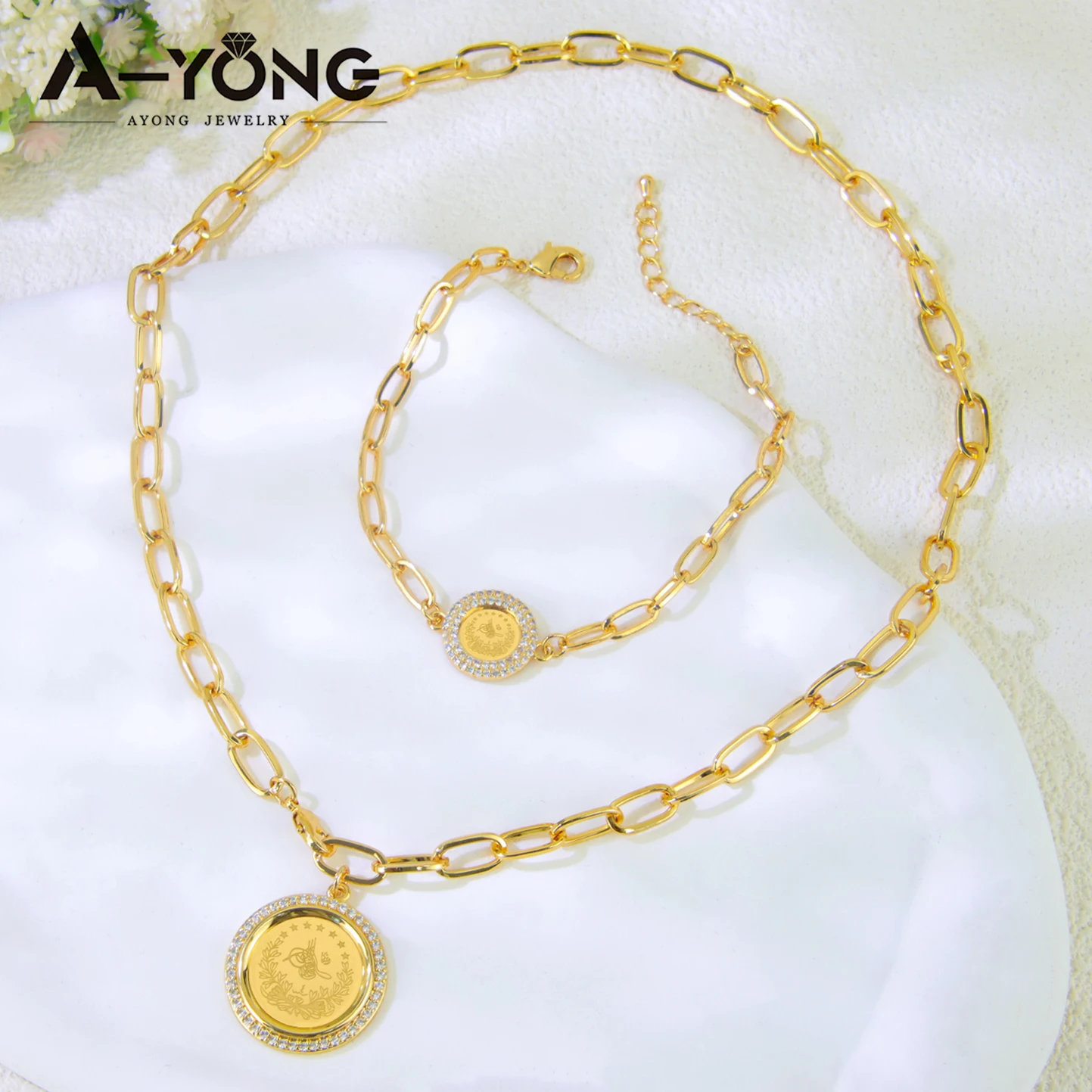 Dubai Vintage Coins Charm Jewelry Set 21k Gold Plated Turkish Bridal Zirconia Necklace Nigeria Muslim Women Wedding Jewelrys