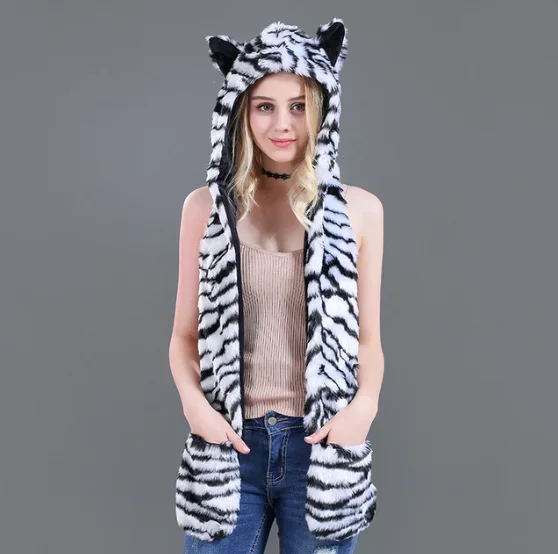 New Zebra Stripes Animal Hoods Cute Animal Faux Fur Hat Cap Women Mens Fashion Warm Animal Fur Hats With Gloves Girl Cartoon Hat