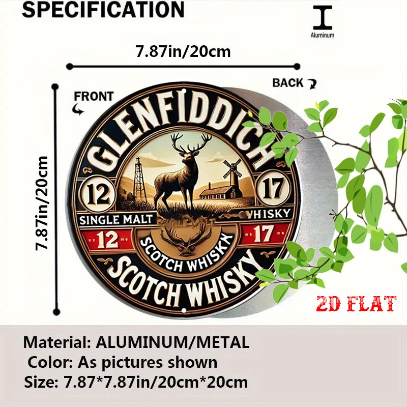 Vintage 2D Flat Glenfiddich Scotch Whisky Round Tin Sign Retro Deer Stag Bar Pub Man Cave Wall Decor Art Sign Gift