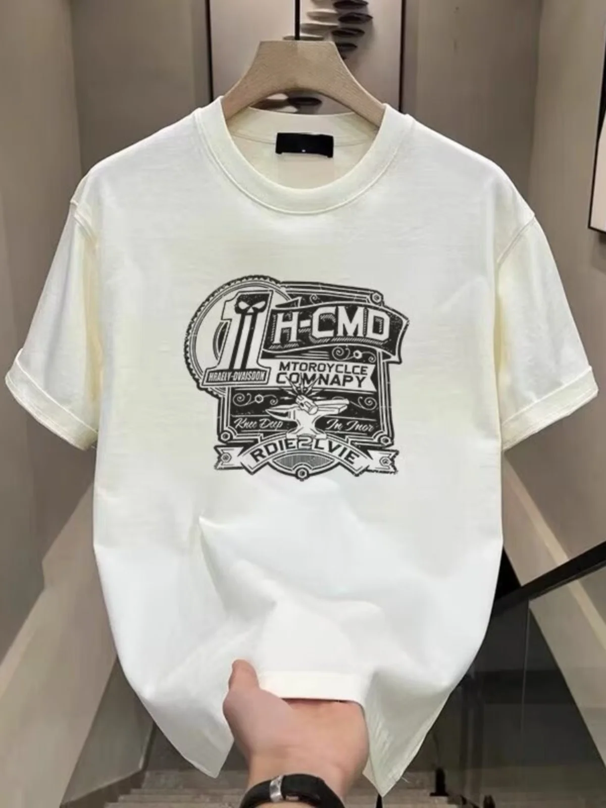 

American Retro ort Sve T-irt Men's Trendy Brand round Ne Print f Sve Summer New Pure Cotton Loose Top