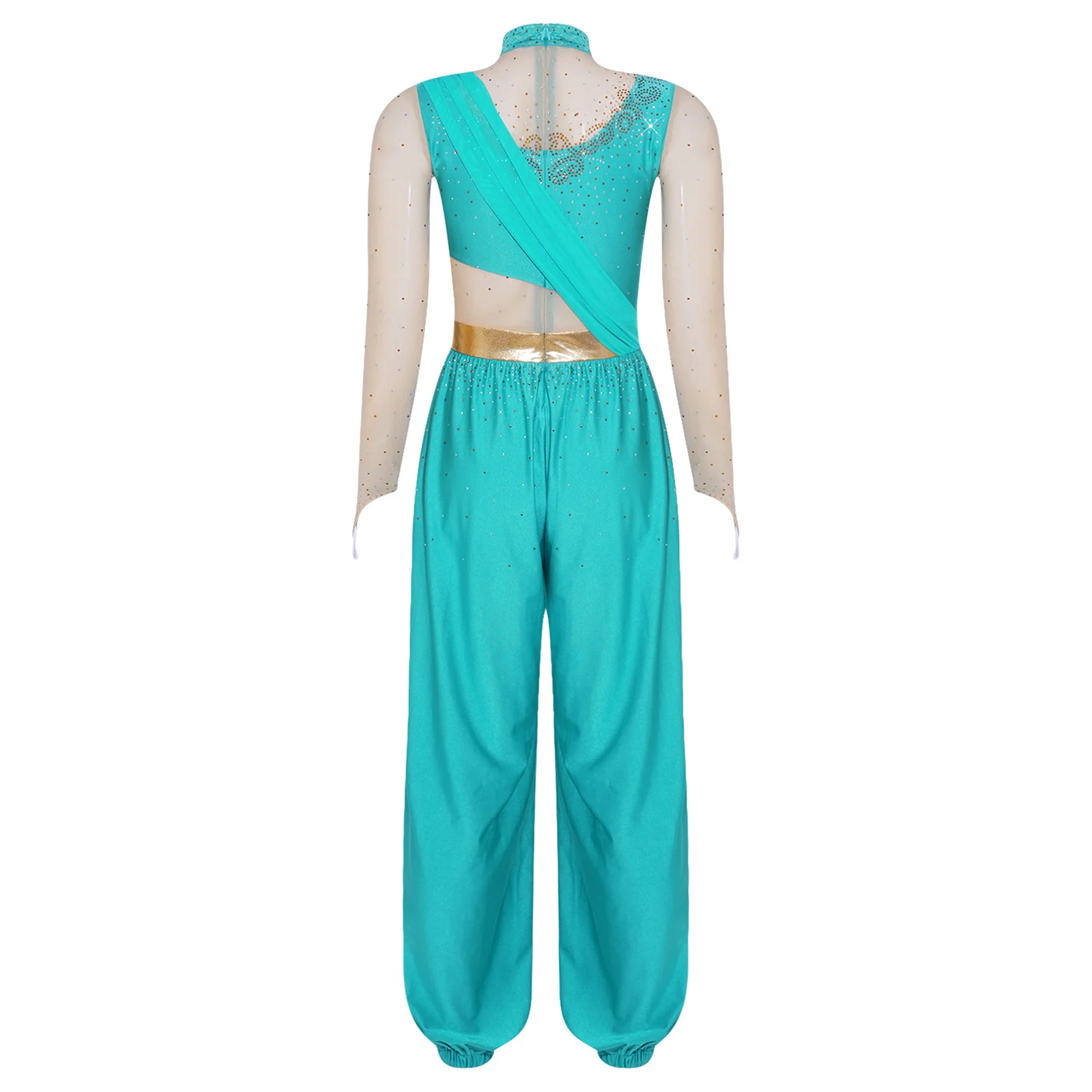Bauchtanz-Outfit für Damen mit Strasssteinen, Märchenprinzessin-Kostüm, Transparenter Mesh-Jumpsuit mit Langen Ärmeln und Metallischer Taillenlinie – Detail 17