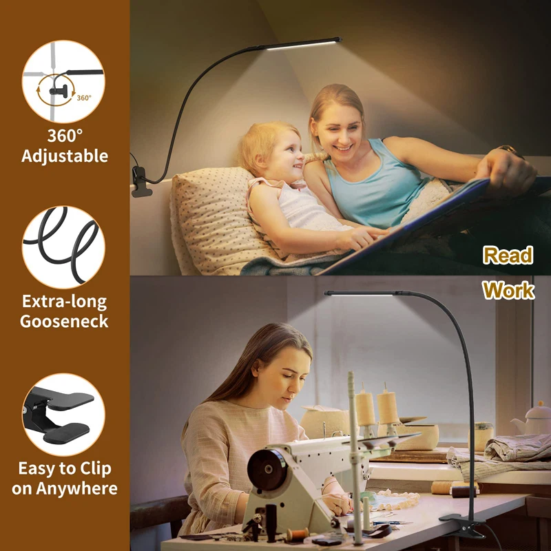 LED Desk Lamp Bedside Bed 360°Folding Clamp Reading Stand Adjustable Lampara USB Powered Eye Protection Table Light For Bedroom