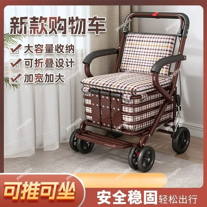 Elderly 4 Wheel Push Cart Foldable Shopping Trolley with Seat, Large Capacity Outdoor Walker Cart