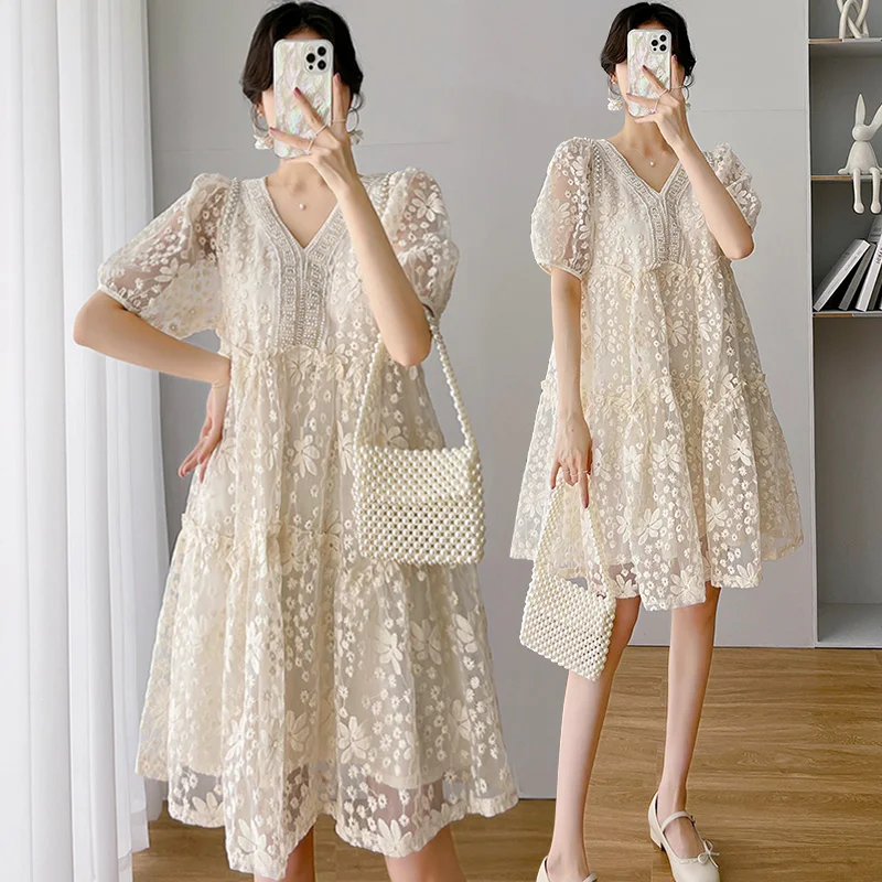 

Летнее женское платье больших размеров свободного кроя с вышивкой и кружевом, А-силуэт, V-образный вырез, завышенная талия, миди, для полных женщин