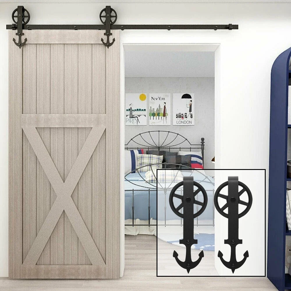 LWZH Carbon Steel Barn Door Sliding Roller Track Anchor-Shaped with Big Wheel Hanging Rail System Set for Single Door