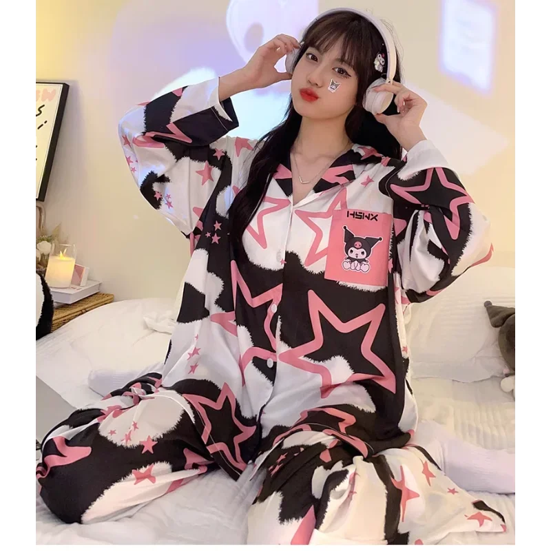 

Sanrio's new Kulomi silk pajamas female cartoon comfortable and breathable cool with chest pads home women's pajamas set