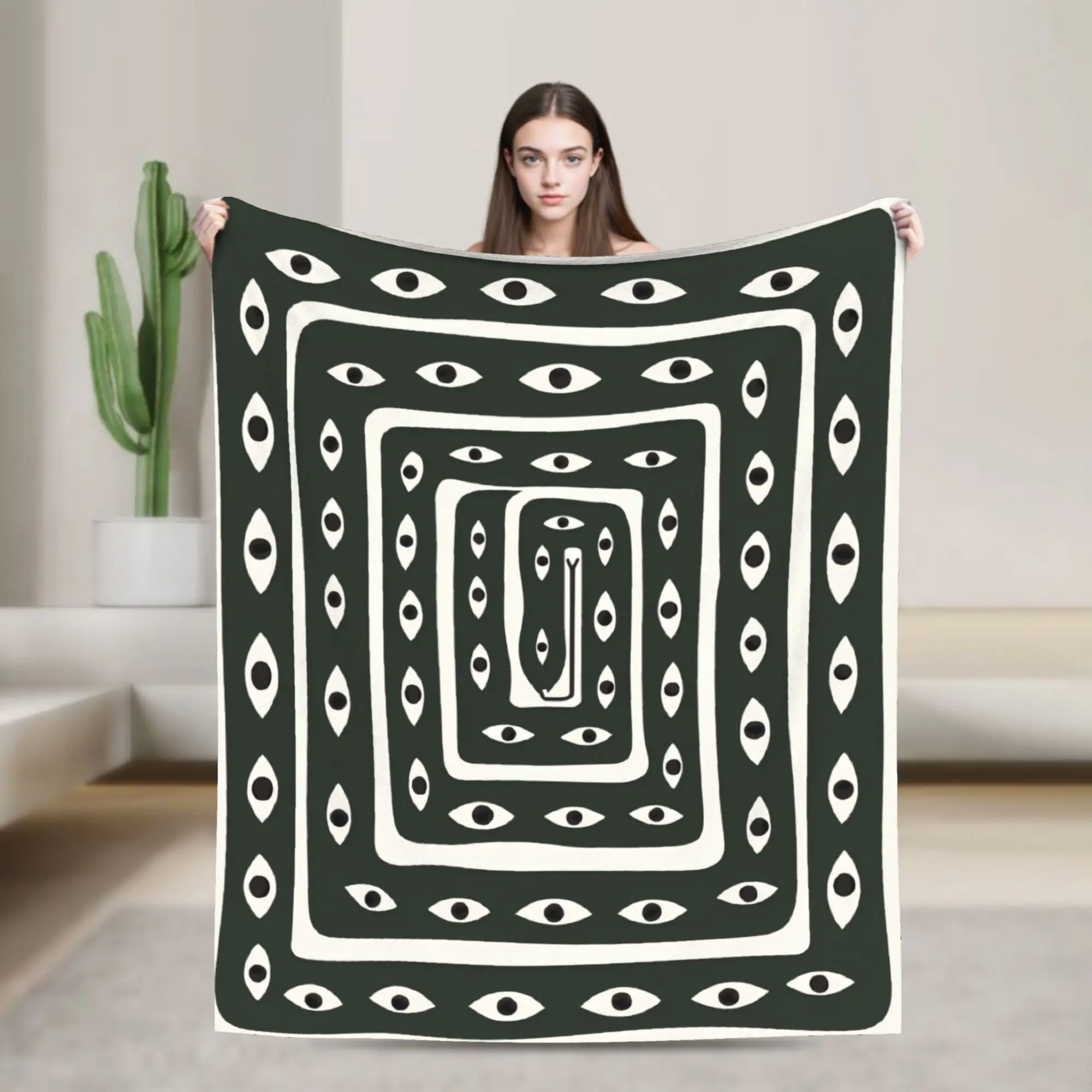 Green White Evil Eye Jacquard Throw Blanket Abstract Eye Pattern Boho Tapestry with Mystical Tribal Decor Throw for Sofa
