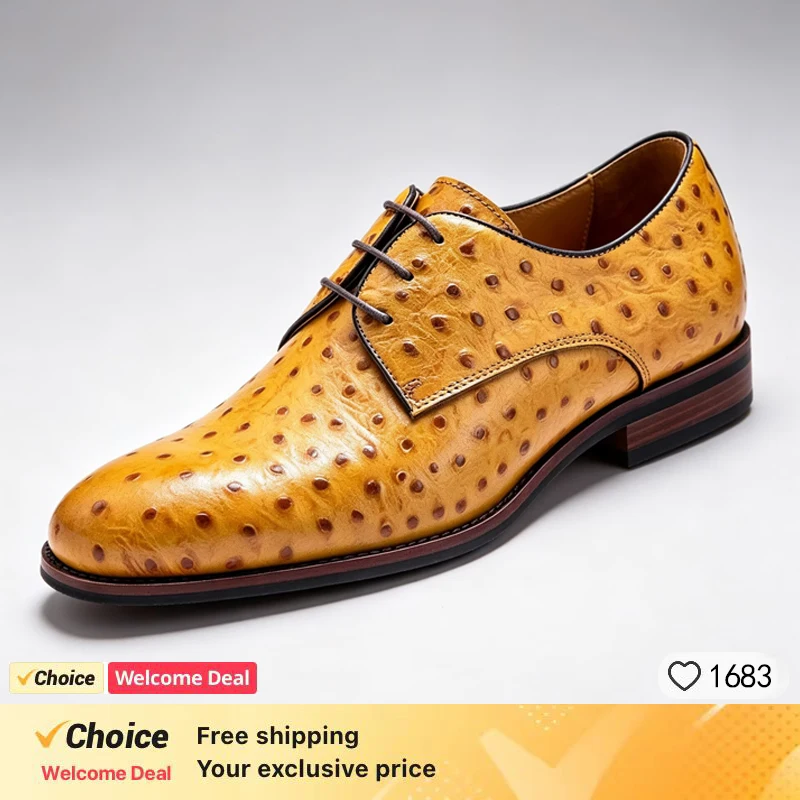 Men's Handmade Genuine Leather Ostrich Pattern Formal Casual Business Shoes 2026 Fashion Trend Cowhide Leather Footwear