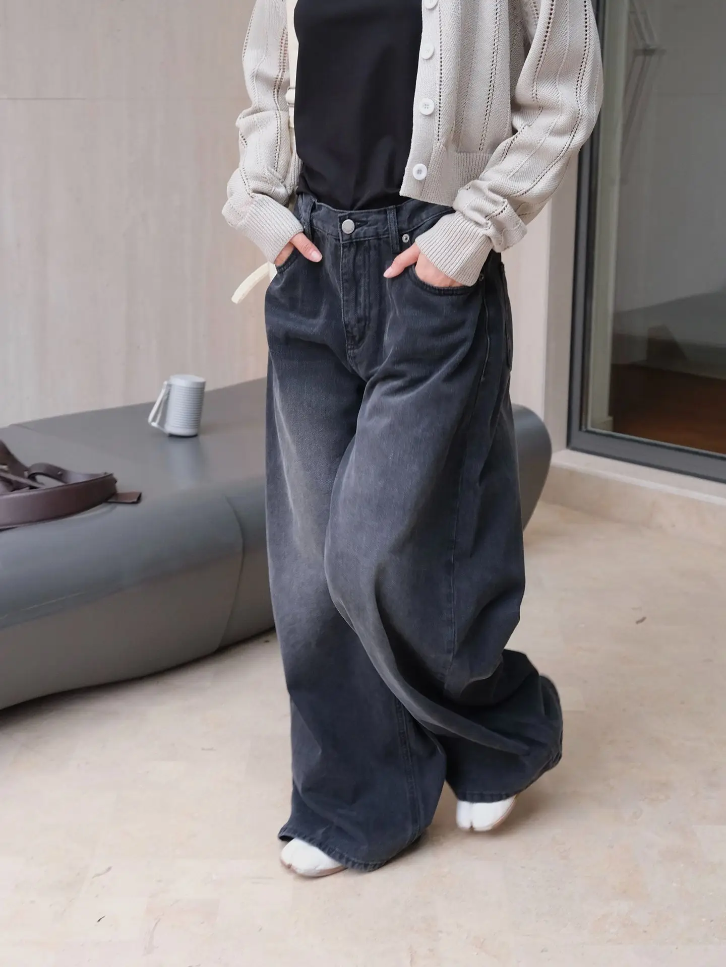 Autumn and winter women\'s casual solid color high waisted loose denim wide leg pants