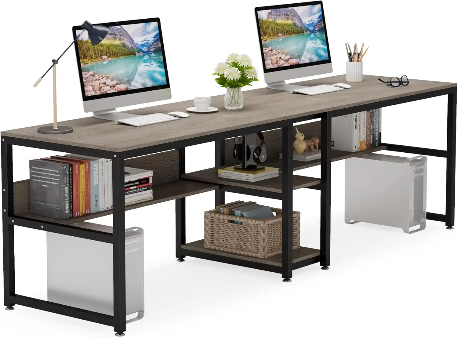 Tribesigns Two Person Desk with Bookshelf, 78.7 Computer Office Double Desk for Two Person, Rustic Writing Desk Workstation with