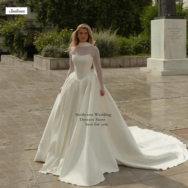 

Smileven Long Sleeve High Neck Wedding Dresses Elegant Satin Bride Gown Vestido De Novia Sleeveless Bow Wedding Gowns Customized