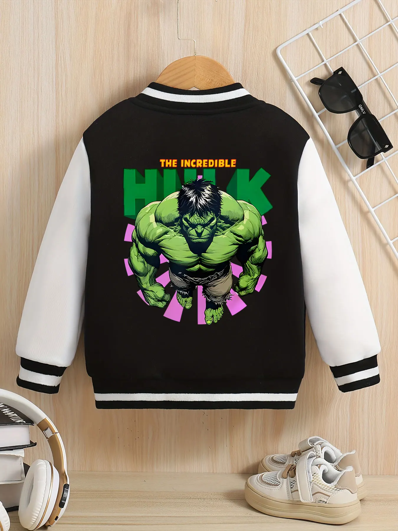 سترة بيسبول للأولاد من MINISO Marvel Hulk Classic - شكل Hulk الاستبداد، سحر بطول على الوجهين، قماش ناعم، عصري #4