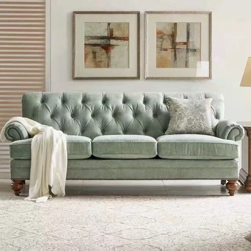 American light luxury sofa retro pull button inline three-seater sofa single high-end couch schlaffunktion living room furniture