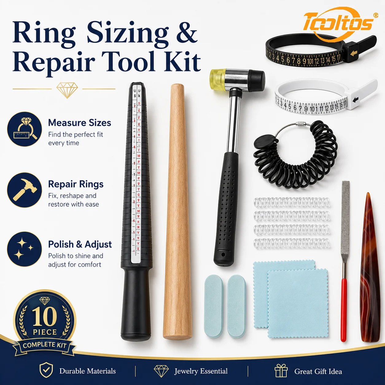 TOOLTOS 10PCS Jewelry Ring Repair Sizing Tool Kit Mandrel Rubber Hammer Ring Gauge Sizer File Burnisher Polishing Tools for Jewelers