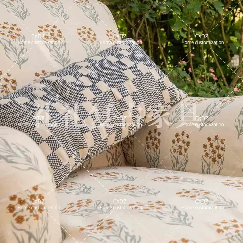 Solid Wood Leisure Chair with Footstool Simple Fabric Single Sofa for Small Apartment Living Room Printed Design Comfortable