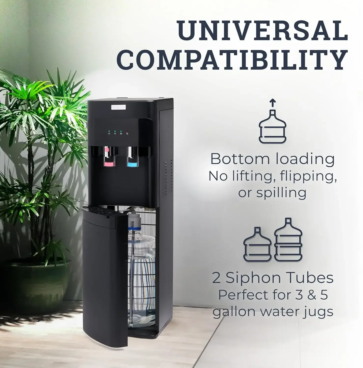 Hot and Cold Water Cooler Dispenser - Holds 3 and 5 Gallon Bottles - 2 Temperature Spouts with Dispensing Paddles - Easy No-Lift